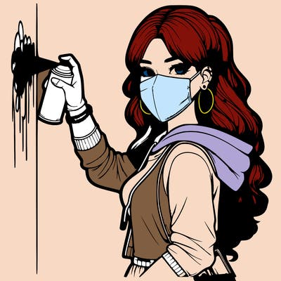 realistic girl with mask spray painting a wall