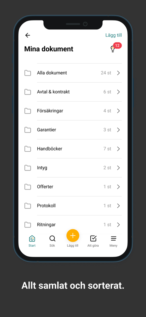 House ID mobile app screen showing organized home document folders for insurance warranties and contracts