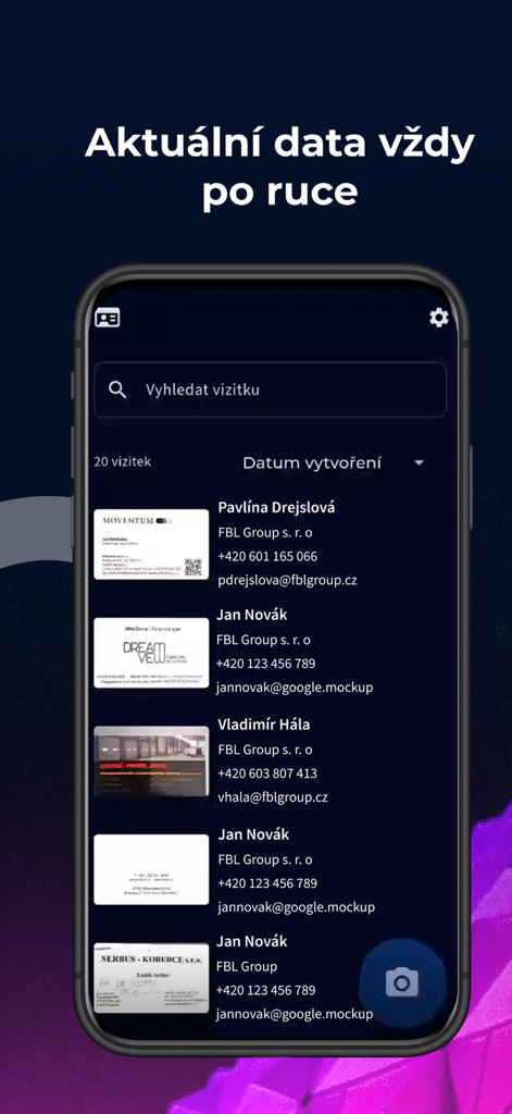 Linio - A digital list of business cards with extracted contact details inside the Linio app interface
