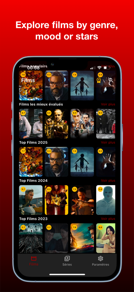 Interfaz de la aplicación AB Vue que muestra colecciones de películas por año y calificaciones.
