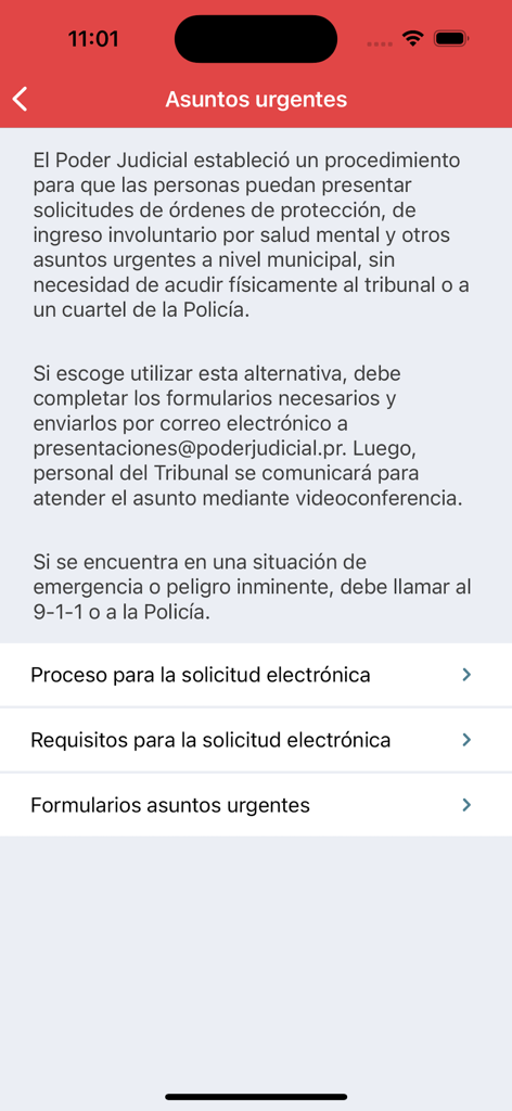 Poder Judicial de Puerto Rico - Urgent matters screen of the Poder Judicial de Puerto Rico app showing options for electronic protection order applications.