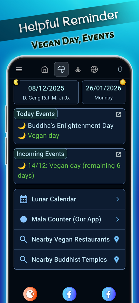 Buddha Quotes: Buddhist Wisdom - Pantalla del calendario que muestra eventos budistas y recordatorios de días veganos en la aplicación Citas de Buda.