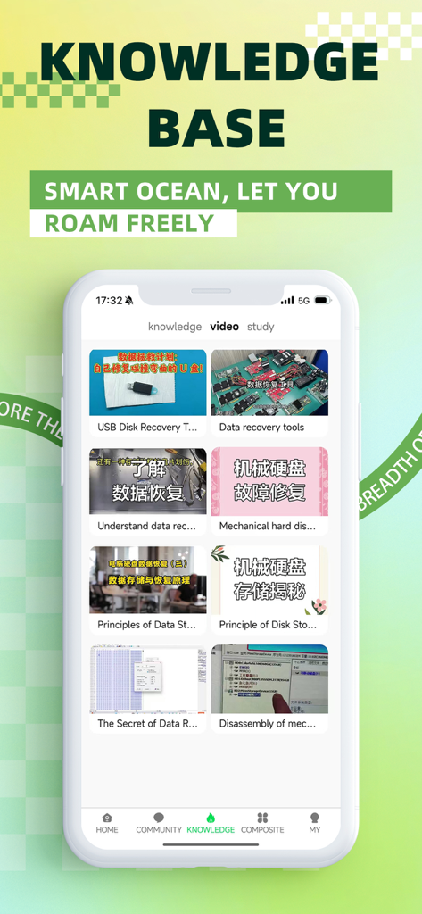 App screen displaying a knowledge base with various video tutorials on data recovery techniques and tools.