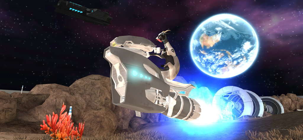 Goat Simulator: Pocket Edition - A goat wearing a space suit riding a futuristic speeder on a moon surface with Earth in the background