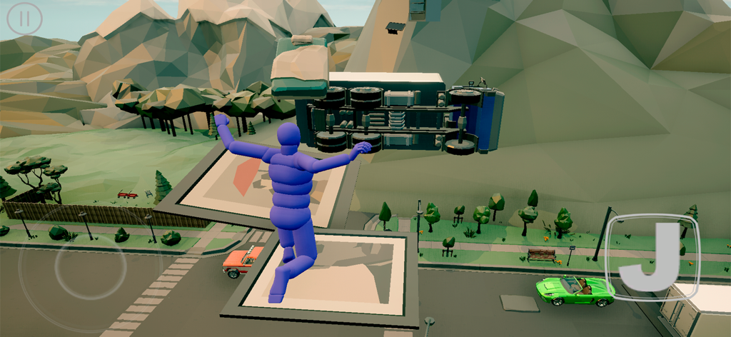 Ragdoll 3D - Parkour Adventure - Blue ragdoll character jumping in a 3D parkour sandbox level with a floating truck.