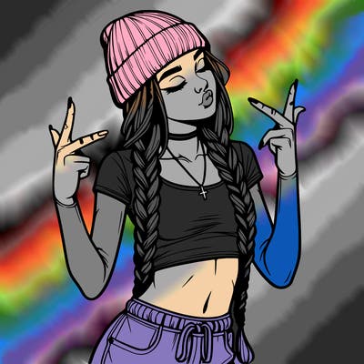realistic teenage girl with braids and a beanie and crop top doing 🫶🏼