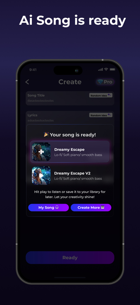 AI Songs: Track Generator - Pantalla de smartphone que muestra la aplicación AI Songs con una notificación de que una pista lo-fi personalizada está lista para escuchar y guardar.
