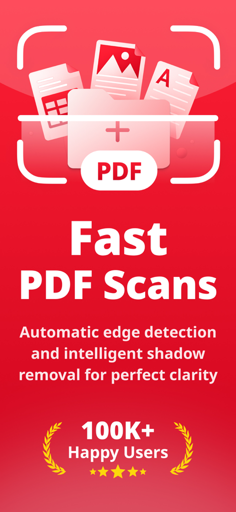 Scan Doxのマーケティング画面。自動エッジ検出とシャドウ削除による高速PDFスキャンを強調しています。