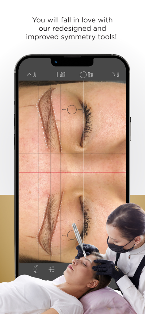 PhiApp Symmetrie-Tool-Oberfläche für präzises Augenbrauen-Mapping und Microblading
