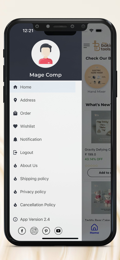 The Baking Tools - Navigation sidebar of The Baking Tools mobile app showing user profile and menu options