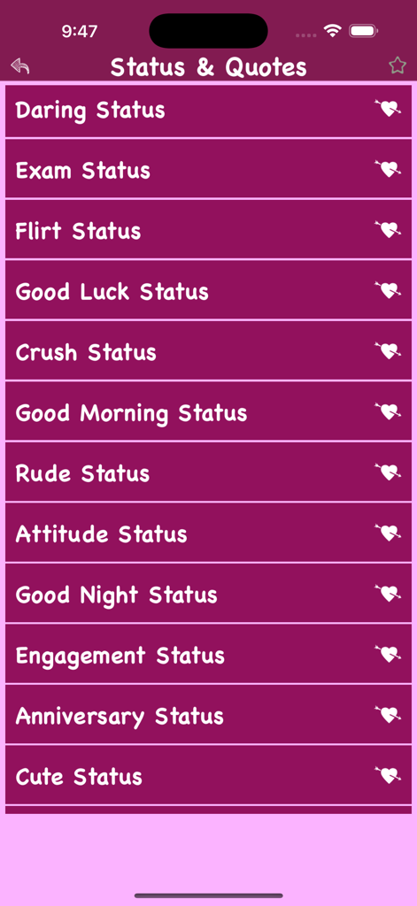 Romantic Quotes Latest Status - A list of status categories in the Romantic Quotes app including Flirt and Crush