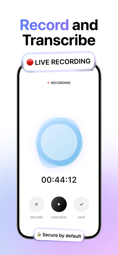 Notes AI: AI Note Taker - Notes AI app interface showing a live voice recording session with a timer and options to save or discard.