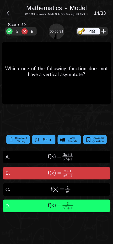 Ethio Learn Grade 7-12 Quizzes - Interface of a Grade 12 Mathematics quiz question on Ethio Learn app featuring multiple choice answers and interactive lifelines