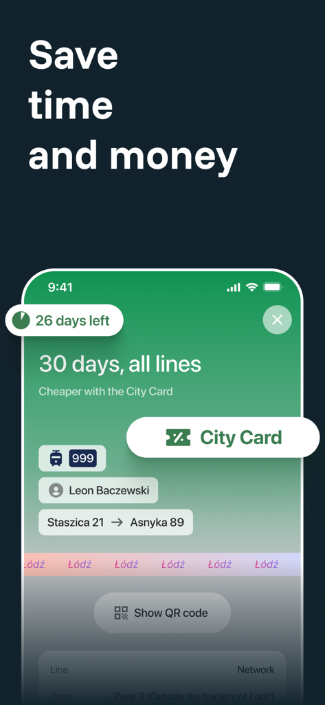 zBiletem - bilety komunikacji - A smartphone screen showing a 30-day public transport ticket for all lines in the city of Lodz within the zBiletem app