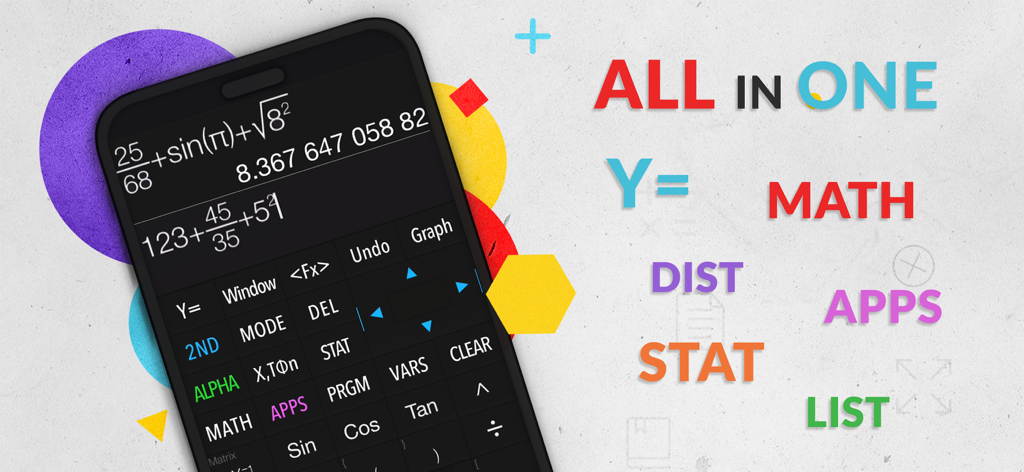 Graphing Calculator Plus AI - Graphing Calculator Plus AI app interface showing advanced math expressions and all-in-one tools like STAT and LIST