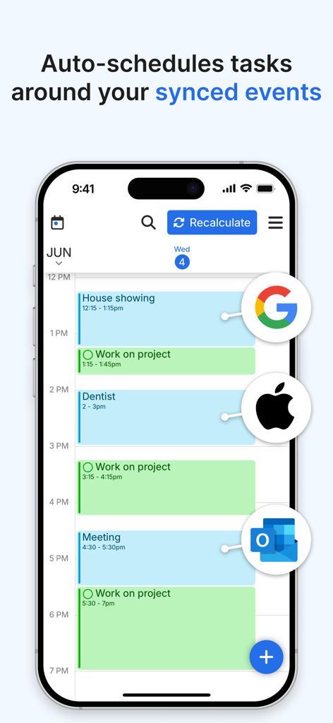FlowSavvy app interface showing tasks auto scheduled around synced events from Google Apple and Outlook calendars