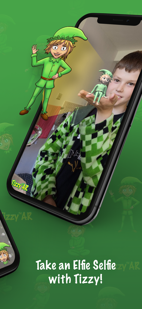 Uma criança tirando uma selfie de realidade aumentada com o Elfo de Natal Tizzy em um smartphone