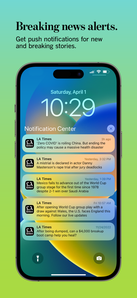 iPhone lock screen showing breaking news alerts and push notifications from the LA Times app.