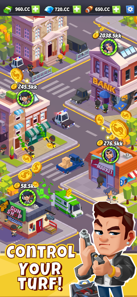 Gameplay screen of Idle Mafia showing city management with businesses and a mafia boss character.