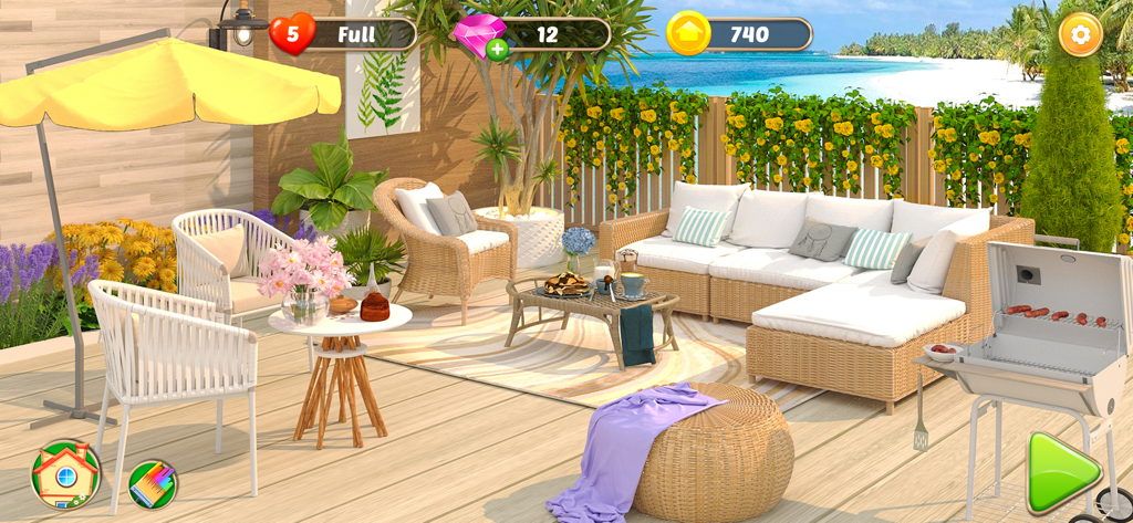 Interior Home Makeover - Terrazza di lusso sulla spiaggia con mobili in vimini bianchi e barbecue in un gioco di ristrutturazione domestica.