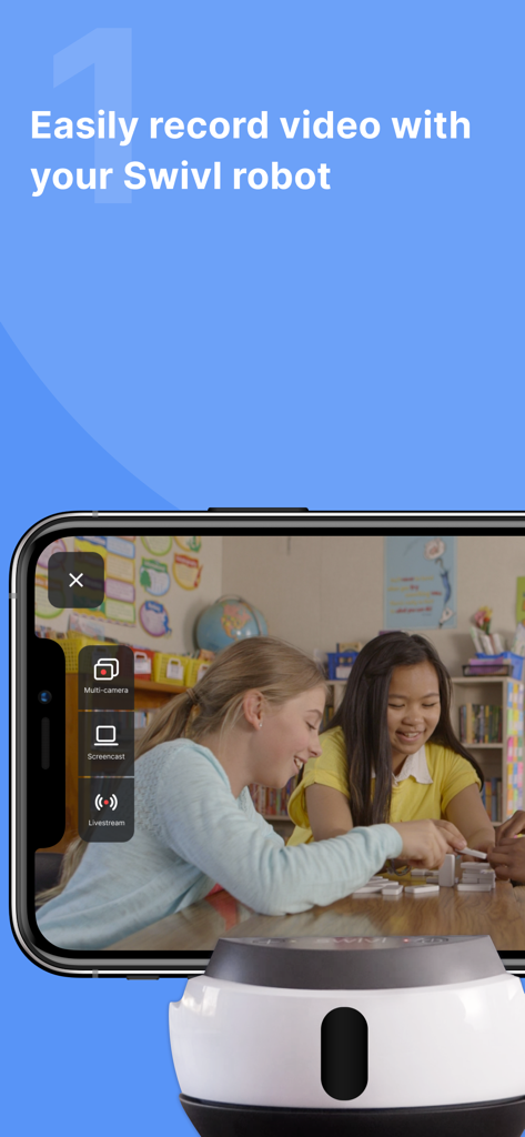 Smartphone on a Swivl robot recording two students in a classroom using the Swivl Capture app.