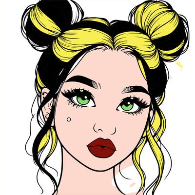 realistic girl with two buns on her hair and lips
