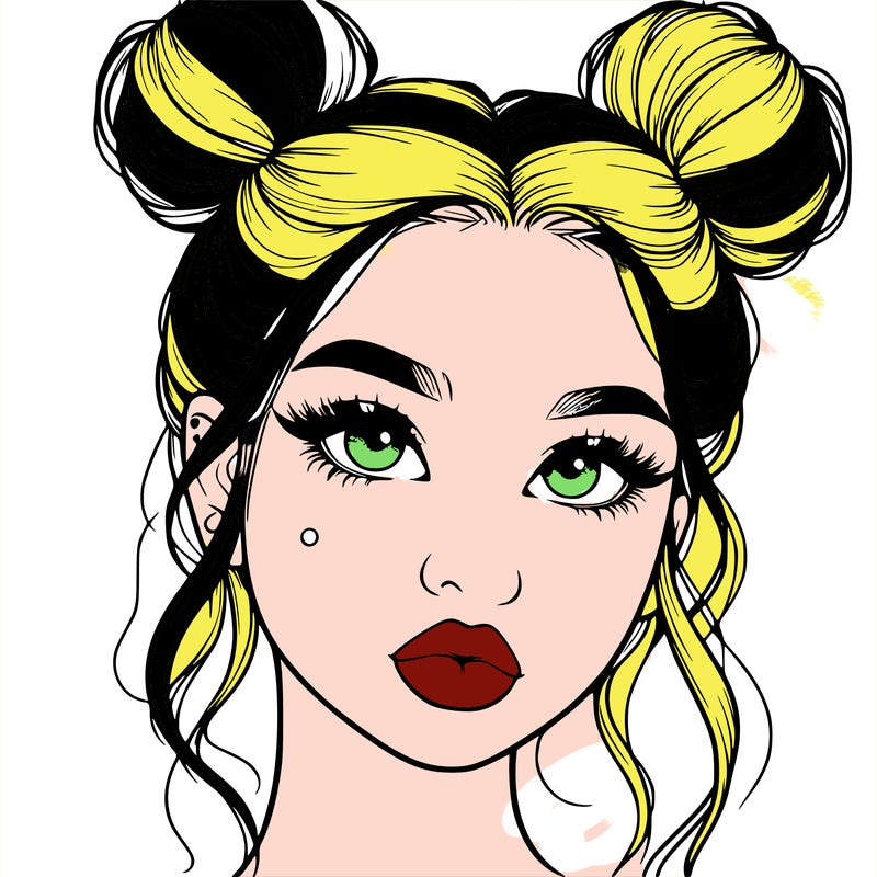 realistic girl with two buns on her hair and lips