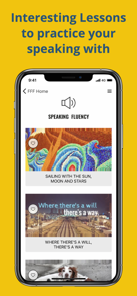 Deep English Learning - Deep English Learning app interface showing various speaking fluency lessons based on stories
