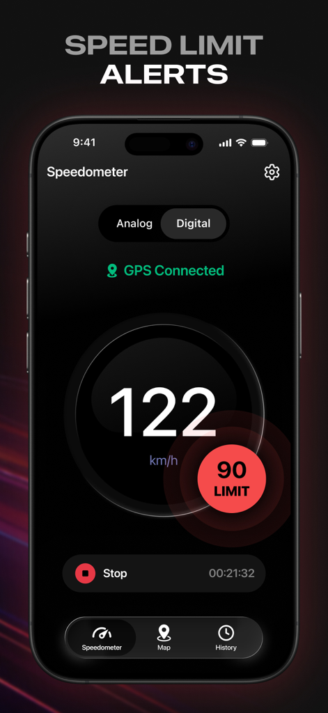 Speedometer GPS - MPH Tracker - iPhone screen displaying digital speedometer with a red 90 speed limit alert