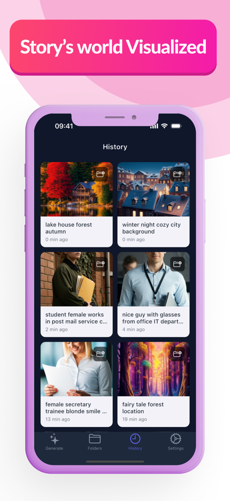 ТаngоLivе AI: Character Studio - TangoLive AI app history screen showing a gallery of AI-generated characters and locations.