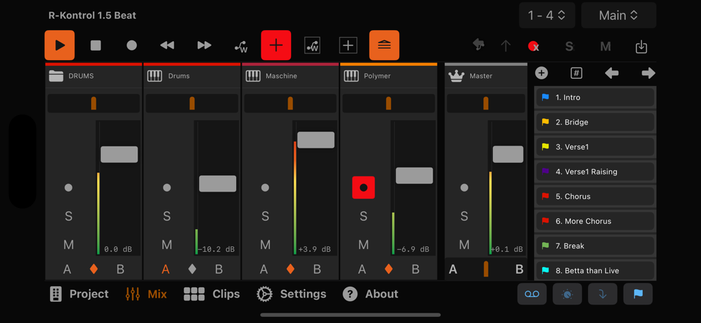 R-KONTROL - Interface do aplicativo RKONTROL com faders de mixer de música e controles de transporte