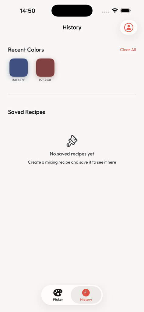 Palette Master - Interface of the Palette Master app history tab showing recently captured colors and a section for saved paint mixing recipes