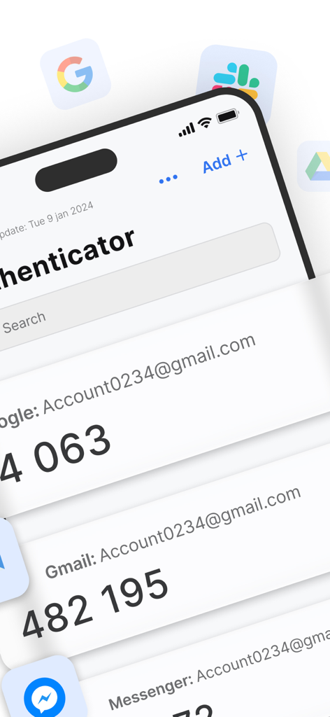 Interface of the FastOTP authenticator app displaying a list of 2FA verification codes for various online accounts