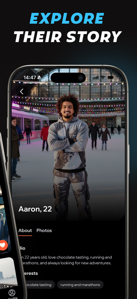 Mobile app interface showing an AI character profile named Aaron with his bio and interests under the headline Explore Their Story
