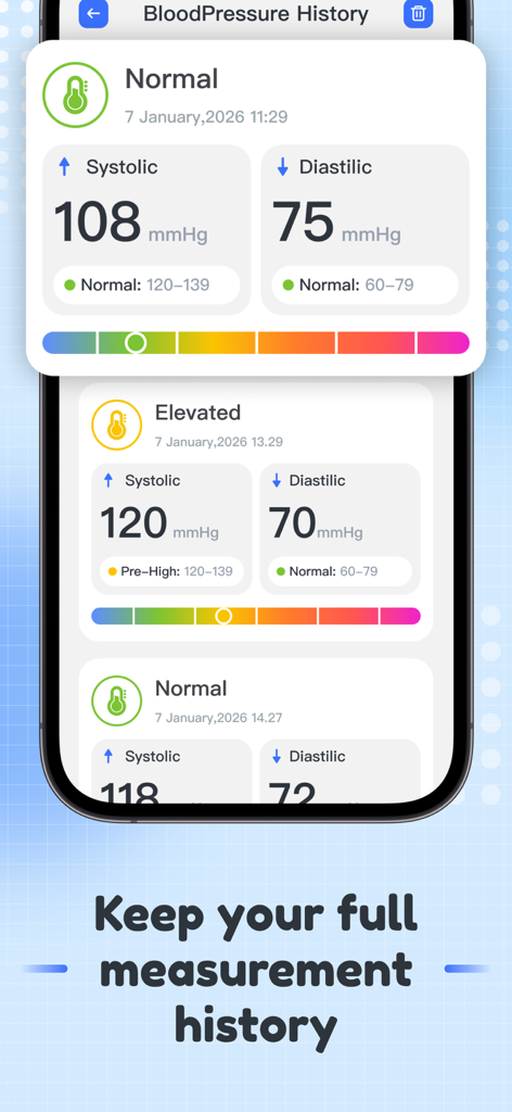 BP Easy Log - Blood pressure measurement history log with systolic and diastolic readings