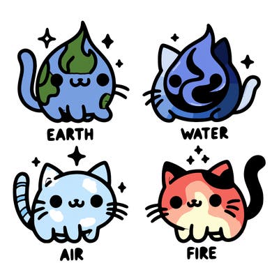 4 cats that represent the different elements, earth, water, air, and fire