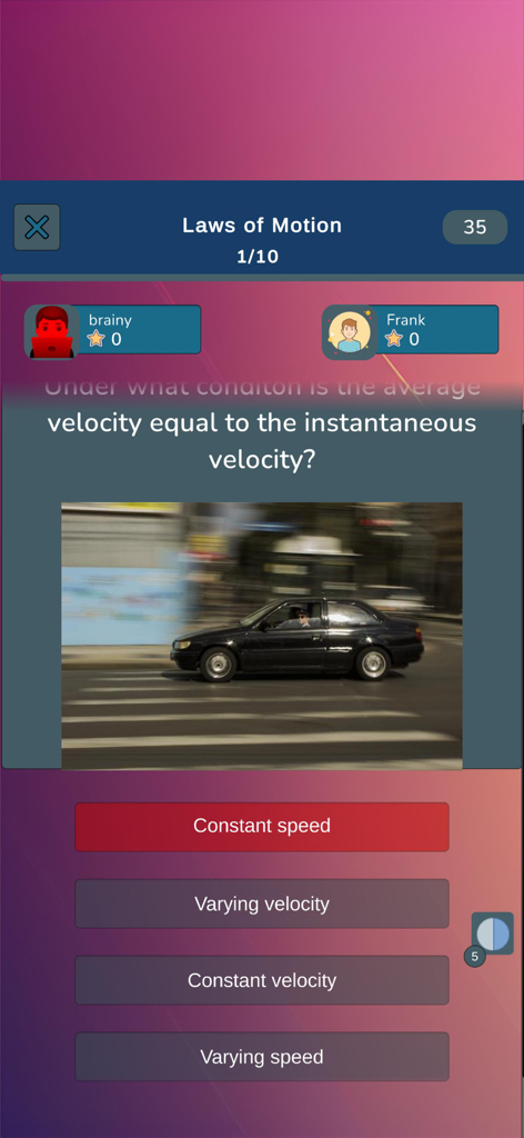 Physics Quiz - Trivia - Physics trivia app interface showing a multiplayer quiz question about Laws of Motion