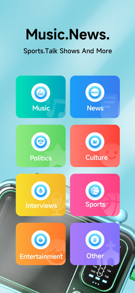 Radio app interface displaying categories for music news sports and talk shows