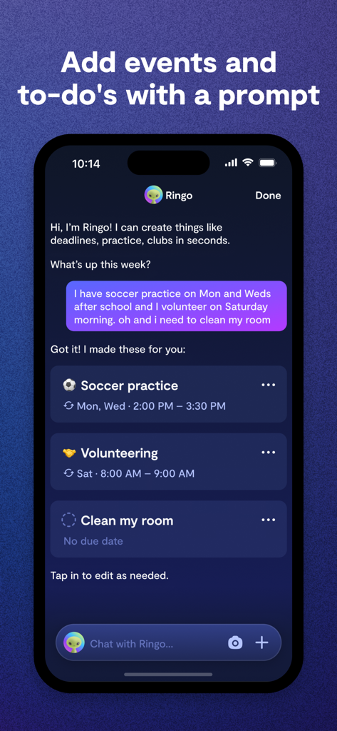 Smartphone screen showing the Saturn Calendar AI assistant Ringo converting a natural language prompt into specific calendar events and to-dos for a student