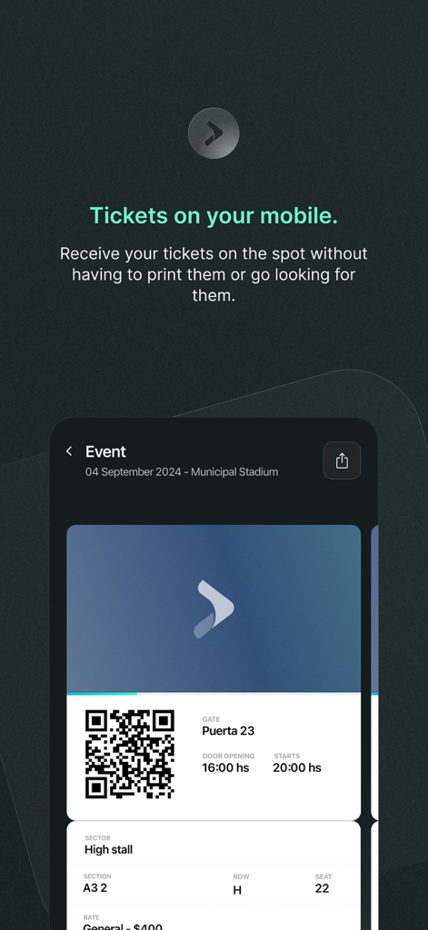 Quentro mobile app interface showing a secure digital event ticket with a QR code.