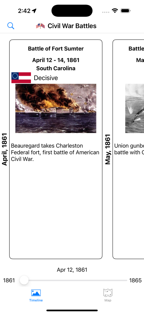 Civil War Battles - Timeline screen of the Civil War Battles app featuring the Battle of Fort Sumter