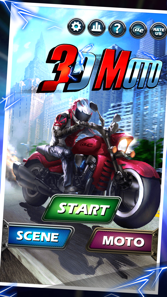 Title screen of AE 3D Motor app showing a motorcycle rider and game start buttons