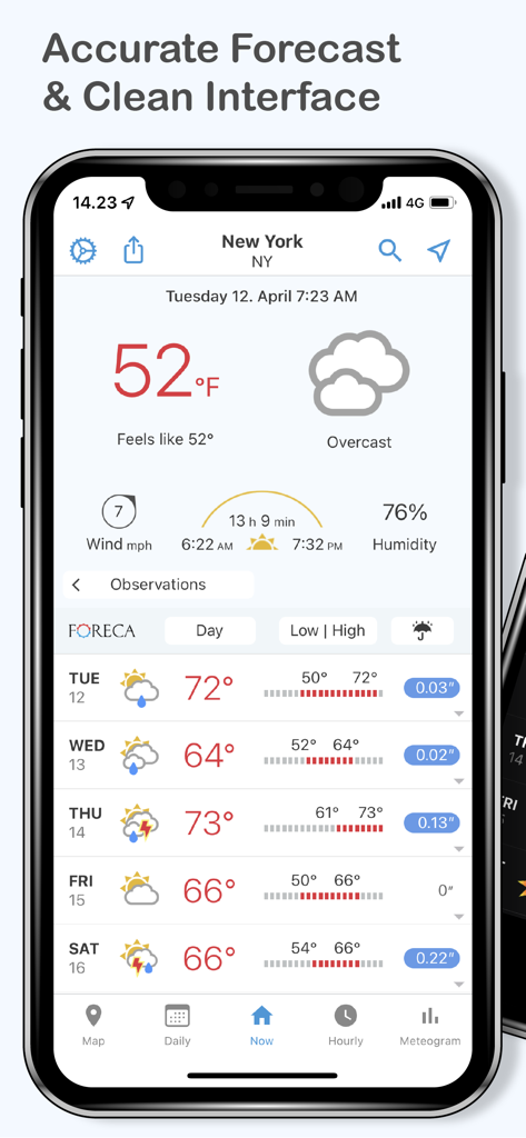 Foreca Weather app displaying current temperature and weekly forecast on an iPhone