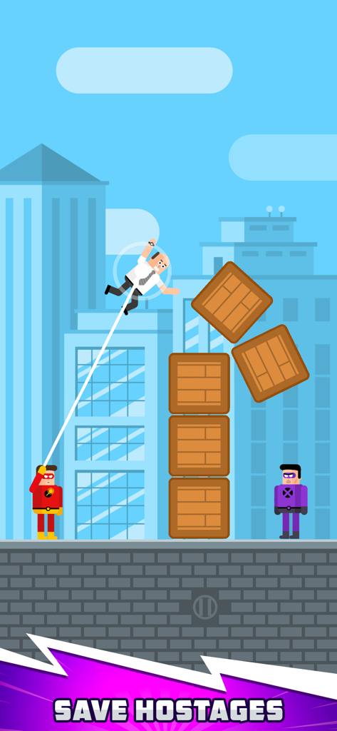 The Superhero League - Ein Superheld nutzt einen Energiestrahl, um eine Geisel über gestapelten Kisten zu heben, während ein Schurke in einer Stadtkulisse zusieht.