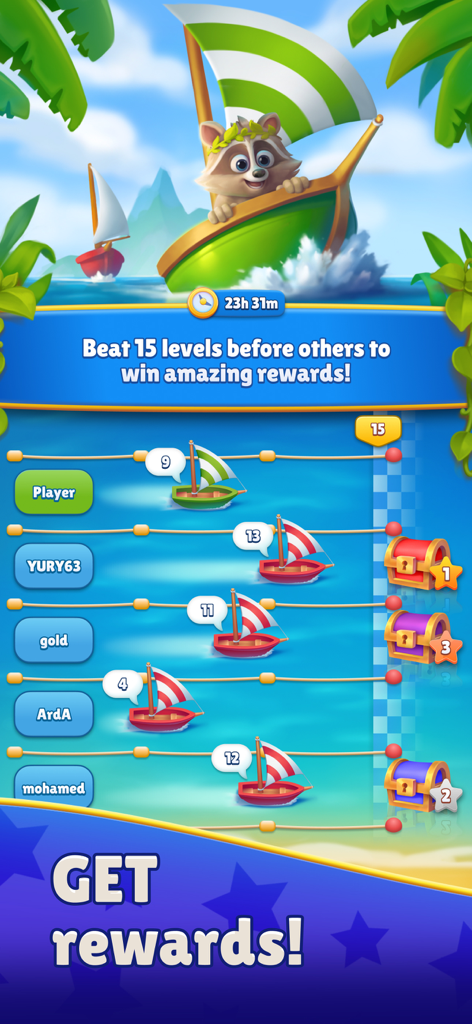 A sailboat racing leaderboard in Mighty Match 3D Puzzle Game where players compete to complete 15 levels for rewards.