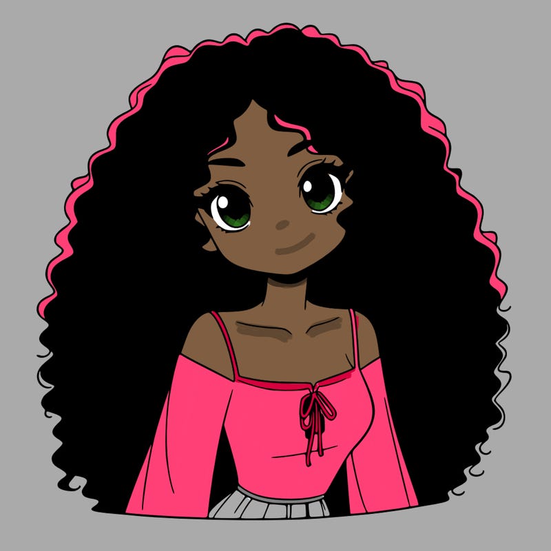 a black anime girl with long afro hair