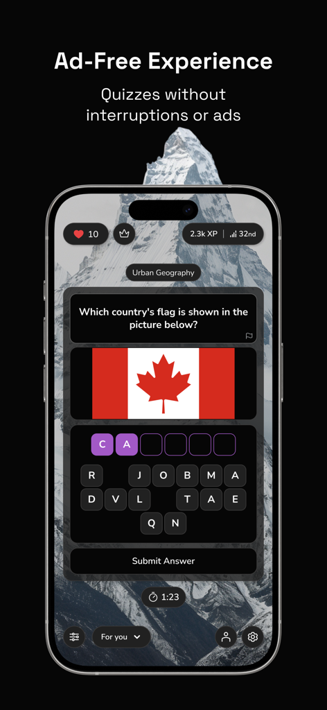 QuizFlow app showing an ad-free geography quiz with a word puzzle to identify the Canadian flag.