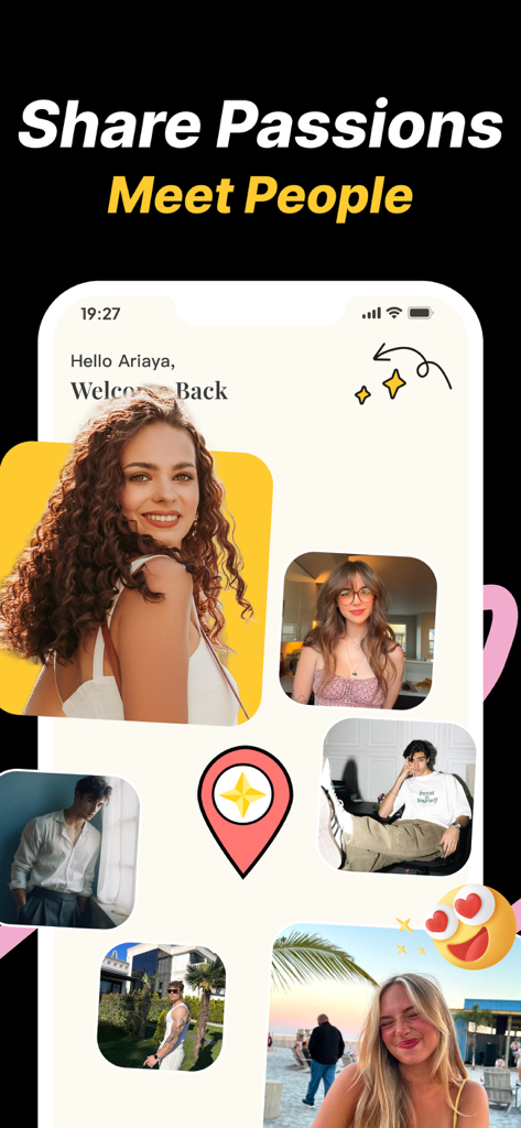 Mobile app interface for Capal showing a collage of user photos and the text Share Passions Meet People.