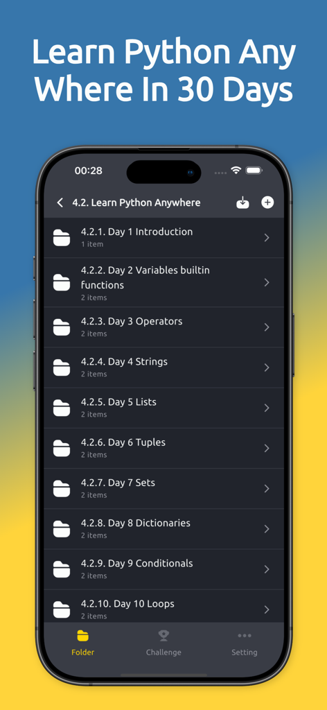Python Coding Editor 3 IDE App - La interfaz de la aplicación Python Coding Editor mostrando un plan de estudios de aprendizaje de 30 días con lecciones diarias como variables y operadores