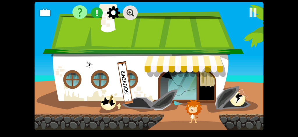 Tiny Story 2 Adventure - Tiny Story 2 Adventureのゲームで、ビーチにある壊れたお土産屋さんを探検する小さなライオンのキャラクター。